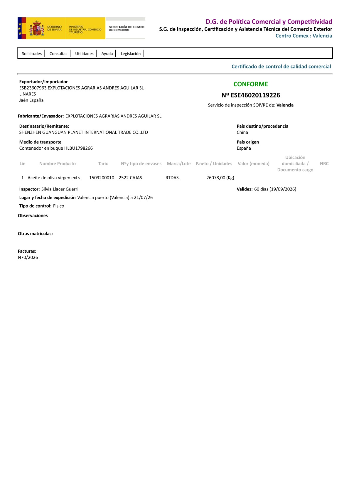 Export quality inspection certificate